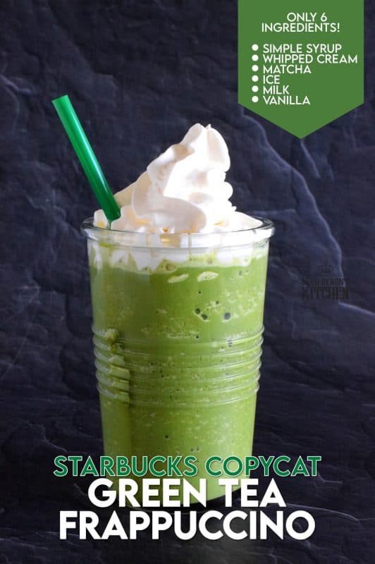 In less than 5 minutes, this at-home copycat version of Starbuck's popular Green Tea Frappuccino could be all yours. Think about it - no line up, no drive thru, and no putting on pants to go out! That's all the reason I need! #starbucks #copycat #greentea #frap #frappuccino #frozendrinks