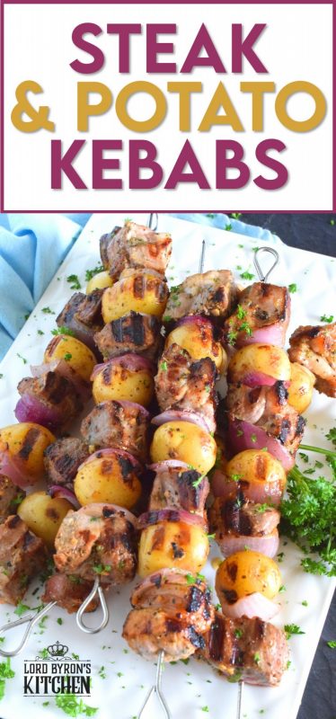 Steak and Potato Kebabs are a complete meal on a stick. Marinated and skewered beef is paired with baby potatoes and red onions before being grilled to perfection! This is a stick to your ribs meal with minimum effort and maximum flavour! #steak #beef #kebabs #skewers #meatandpotatoes #summergrilling