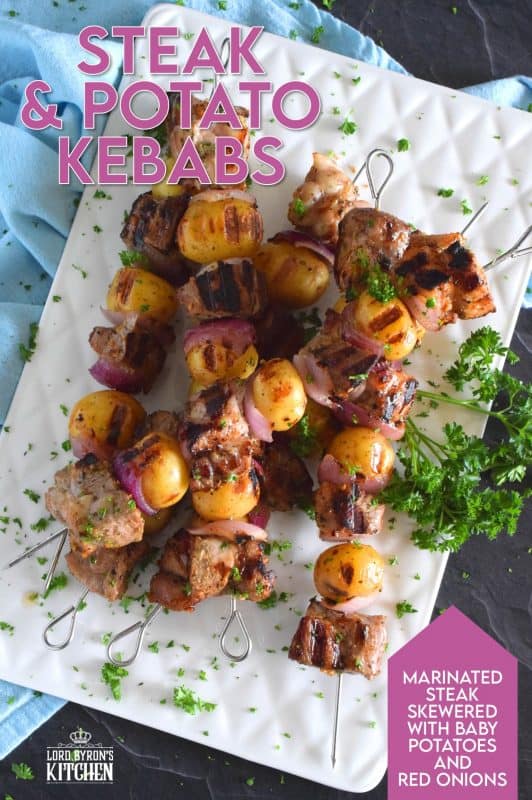 Steak and Potato Kebabs are a complete meal on a stick. Marinated and skewered beef is paired with baby potatoes and red onions before being grilled to perfection! This is a stick to your ribs meal with minimum effort and maximum flavour! #steak #beef #kebabs #skewers #meatandpotatoes #summergrilling