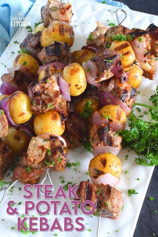 Steak and Potato Kebabs are a complete meal on a stick. Marinated and skewered beef is paired with baby potatoes and red onions before being grilled to perfection! This is a stick to your ribs meal with minimum effort and maximum flavour! #steak #beef #kebabs #skewers #meatandpotatoes #summergrilling
