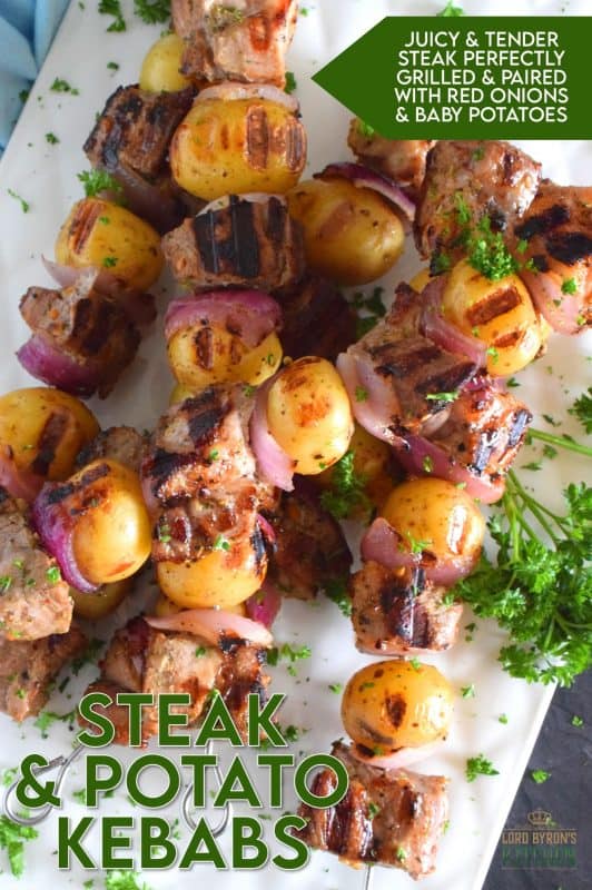Steak and Potato Kebabs are a complete meal on a stick. Marinated and skewered beef is paired with baby potatoes and red onions before being grilled to perfection! This is a stick to your ribs meal with minimum effort and maximum flavour! #steak #beef #kebabs #skewers #meatandpotatoes #summergrilling