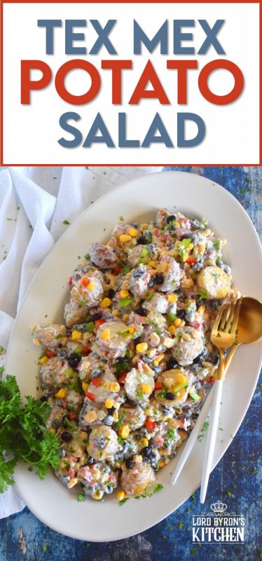 Familiar Tex Mex ingredients can be found in this delicious Tex Mex Potato Salad. Doesn't it just scream summer? Prepared with baby potatoes, black beans, corn, bell peppers, and a mayonnaise and sour cream-based sauce, this potato salad is sure to be a hit! #texmex #mexican #potatosalad #salad #summer #potluck #potato #tex #mex