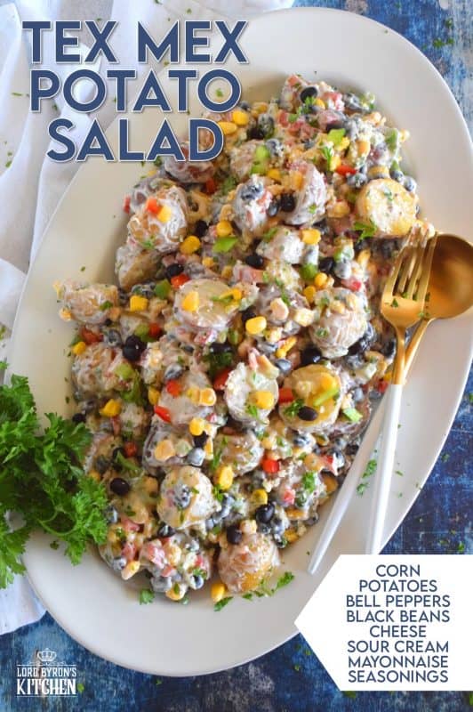 Familiar Tex Mex ingredients can be found in this delicious Tex Mex Potato Salad. Doesn't it just scream summer? Prepared with baby potatoes, black beans, corn, bell peppers, and a mayonnaise and sour cream-based sauce, this potato salad is sure to be a hit! #texmex #mexican #potatosalad #salad #summer #potluck #potato #tex #mex