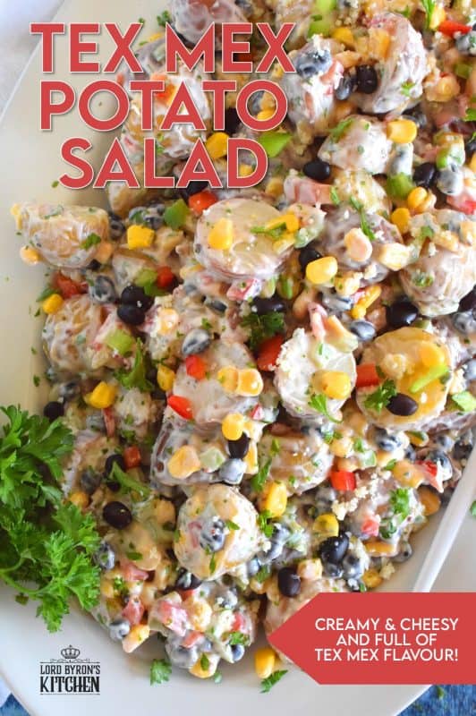 Familiar Tex Mex ingredients can be found in this delicious Tex Mex Potato Salad. Doesn't it just scream summer? Prepared with baby potatoes, black beans, corn, bell peppers, and a mayonnaise and sour cream-based sauce, this potato salad is sure to be a hit! #texmex #mexican #potatosalad #salad #summer #potluck #potato #tex #mex