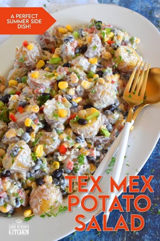 Familiar Tex Mex ingredients can be found in this delicious Tex Mex Potato Salad. Doesn't it just scream summer? Prepared with baby potatoes, black beans, corn, bell peppers, and a mayonnaise and sour cream-based sauce, this potato salad is sure to be a hit! #texmex #mexican #potatosalad #salad #summer #potluck #potato #tex #mex