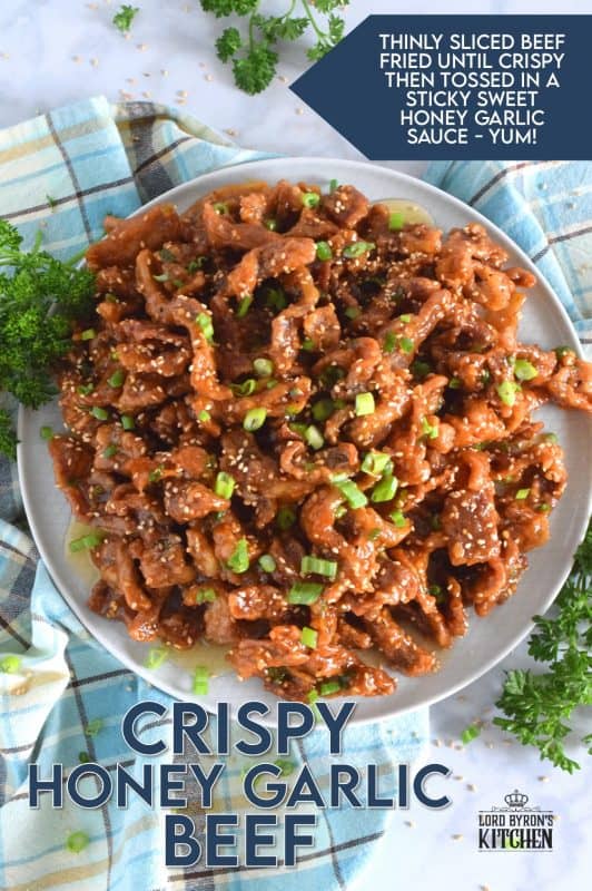Thinly sliced beef, fried until crispy, and coated in a sweet and sticky honey garlic sauce. Crispy Honey Garlic Beef takes about 30 minutes from start to finish, and it is a wonderfully and budget-friendly main. Serve with rice and steamed veggies for a complete meal! #honeygarlic #crispybeef #beef #takeout #asian #chinese #restaurant