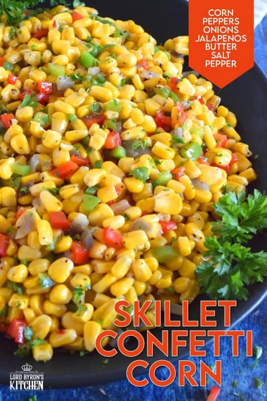A bright, bold, and fresh summer side is right here! Skillet Confetti Corn is the most delicious summer side and it takes less than twenty minutes from start to finish. Sautéed in butter, corn is paired with bell peppers, red onions, jalapenos, and green onions. It's one of those sides you always wish you made more of! #corn #summer #summersides #confetti #salad #sidedish #vegetable #vegetarian