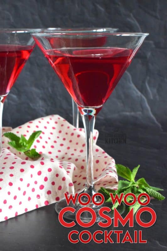 Don't let this nonsensical name fool you! The Woo Woo Cosmo Cocktail is not only fun to say, but is deliciously flavourful! With its beautiful, deep red colour, and its intoxicating scent, this is a cocktail recipe you might want to commit to memory, because you will want to make it over and over again! #cosmo #cocktail #cosmopolitan #woowoo