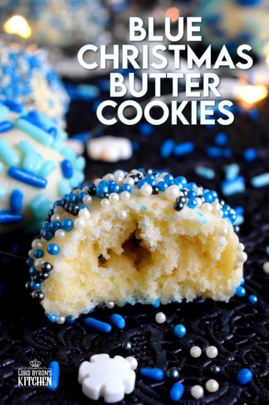 Butter, flour, and sugar are the main ingredients in these Blue Christmas Butter Cookies.  Your Christmas will be anything but blue though after you bite into these cookies! They are the type of cookie that just melts in your mouth, and before you know it, you've eaten way more than your share! #christmas #holiday #baking #cookies #butter #blue #bluechristmas