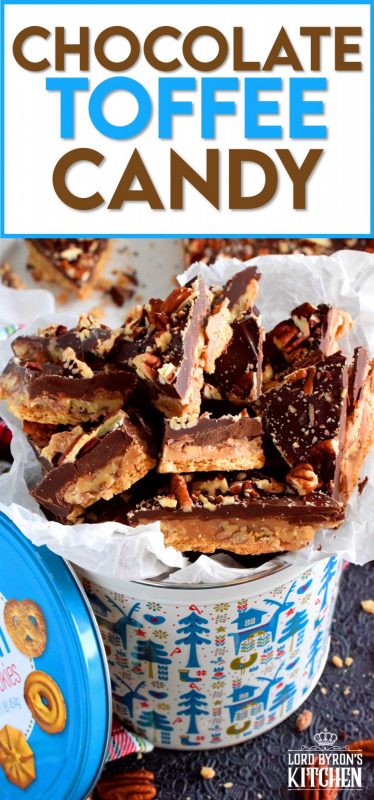 Chocolate Toffee Candy has it all – chocolate, crackers, toffee, and pecans – it’s a decadent, indulgent, holiday treat that every loves to eat too much of! #toffee #homemade #candy #nobake #christmas #holiday