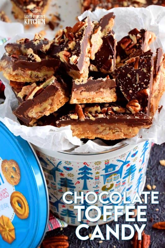 Chocolate Toffee Candy has it all – chocolate, crackers, toffee, and pecans – it’s a decadent, indulgent, holiday treat that every loves to eat too much of! #toffee #homemade #candy #nobake #christmas #holiday