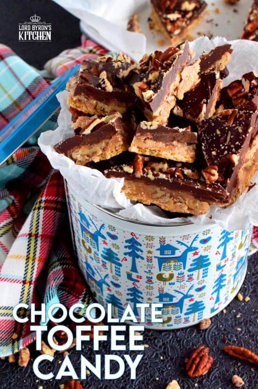 Chocolate Toffee Candy has it all – chocolate, crackers, toffee, and pecans – it’s a decadent, indulgent, holiday treat that every loves to eat too much of! #toffee #homemade #candy #nobake #christmas #holiday