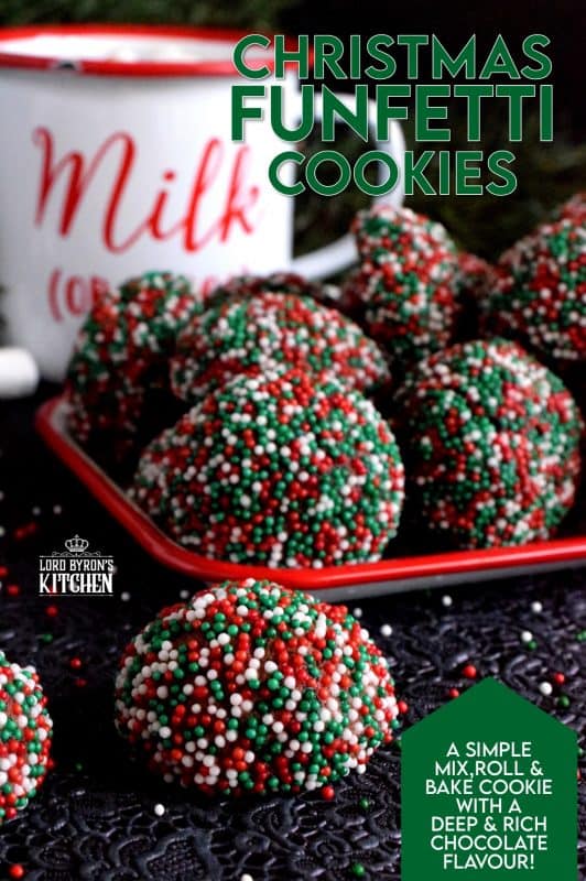 A simple mix, roll, and bake cookie with a deep, rich chocolate flavour. Christmas Funfetti Cookies are ideal for holiday baking with kids! These make a lovely gift idea too, because they can be packaged without much risk of crumbling! #christmas #holiday #baking #cookies #funfetti #chocolate #sprinkles #kids