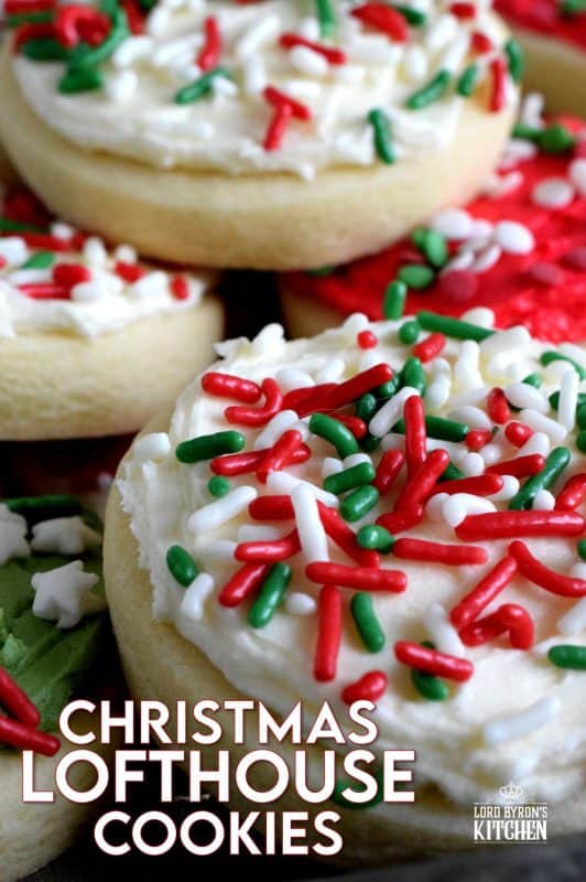 Christmas Lofthouse Cookies, a popular grocery store and bakery cookie confection in a homemade version, proving that homemade is always better! The next time you're in line at the grocery store, look away from the store-bought ones, knowing full well that you can make them better yourself! #christmas #holiday #baking #cookies #frosting #sprinkles #lofthouse