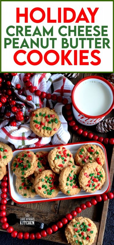 Nostalgia gets an update with these Holiday Cream Cheese Peanut Butter Cookies.  Take a classic peanut butter cookie and add cream cheese to get a lighter, flakier, tastier update on your favourite childhood cookie. Don't worry, the cream cheese does not take away any of that delicious peanut butter flavour! #holiday #christmas #baking #peanutbutter #creamcheese #cookies #sprinkles
