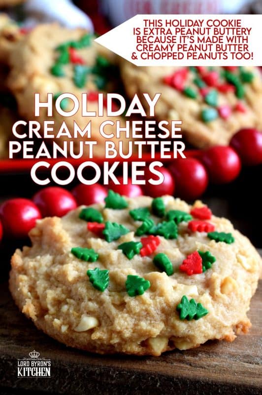 Nostalgia gets an update with these Holiday Cream Cheese Peanut Butter Cookies. Take a classic peanut butter cookie and add cream cheese to get a lighter, flakier, tastier update on your favourite childhood cookie. Don't worry, the cream cheese does not take away any of that delicious peanut butter flavour! #holiday #christmas #baking #peanutbutter #creamcheese #cookies #sprinkles