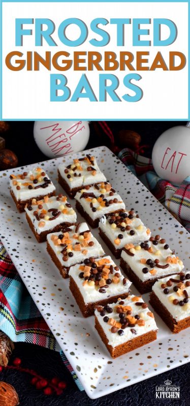 Soft, moist, and fudge-like; these Iced Gingerbread Bars taste like the familiar flavours of Christmas, but have the texture of a dense, chocolaty brownie. #christmas #holiday #baking #gingerbread #bars #squares #cookies