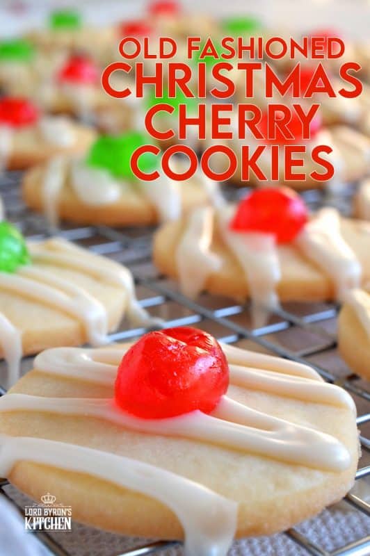 Old Fashioned Christmas Cherry Cookies are sugary, buttery, shortbread cookies, topped with royal icing and a festive candied cherry center. Not only do they look vintage, they also look really delicious, don't they!? #shortbread #cookies #christmas #holiday #baking #cherry #oldfashioned #glazed