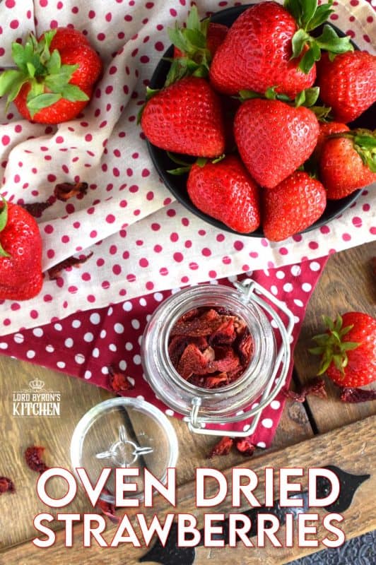 Strawberry season is short. Make the season last with Oven Dried Strawberries that you can use for months to come. Add these to cereal, granola, scones, or salads! #dried #dehydrated #oven #strawberries #strawberry