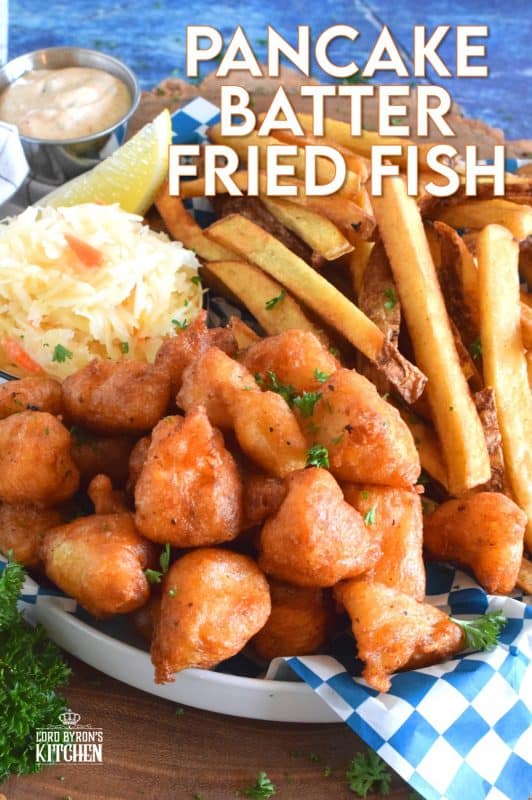 Unlike most fish batters that are made with beer, this one is made with a well seasoned buttermilk pancake batter from a box! It sounds a little strange, but it's absolutely delicious! Fried until crispy, the fish is perfectly cooked and surrounded by slightly sweet, light and airy batter - yum! #pancake #buttermilk #friedfish #fishandchips #batteredfish #buttermilkpancakes