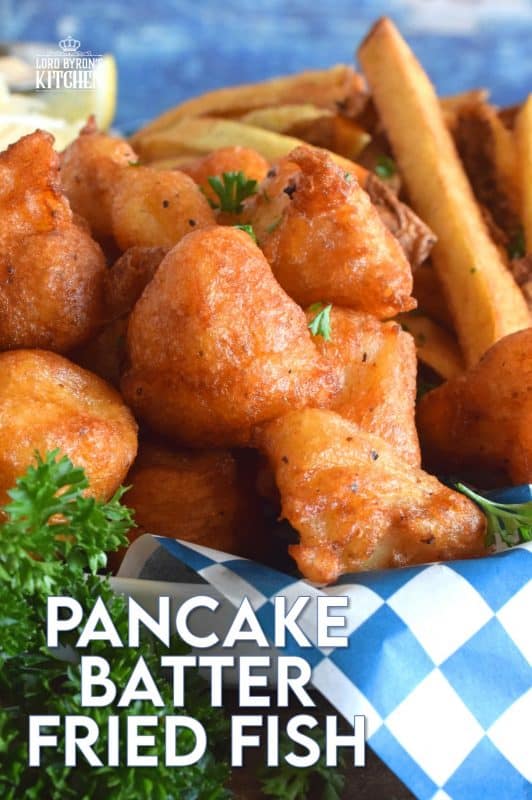Unlike most fish batters that are made with beer, this one is made with a well seasoned buttermilk pancake batter from a box! It sounds a little strange, but it's absolutely delicious! Fried until crispy, the fish is perfectly cooked and surrounded by slightly sweet, light and airy batter - yum! #pancake #buttermilk #friedfish #fishandchips #batteredfish #buttermilkpancakes