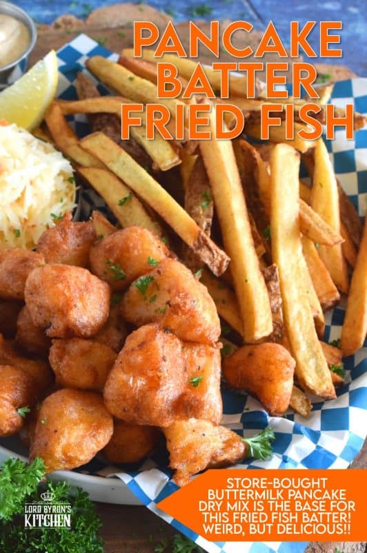 Unlike most fish batters that are made with beer, this one is made with a well seasoned buttermilk pancake batter from a box! It sounds a little strange, but it's absolutely delicious! Fried until crispy, the fish is perfectly cooked and surrounded by slightly sweet, light and airy batter - yum! #pancake #buttermilk #friedfish #fishandchips #batteredfish #buttermilkpancakes