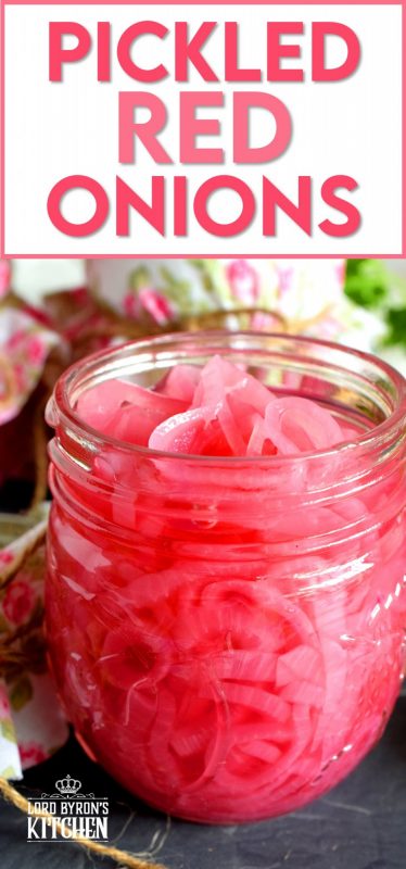 Pickled Red Onions are not only gorgeous to look at, they are delightfully tasty as well! Bright and crisp, a great addition to almost anything, and super easy to make; you'll want to keep a jar in your fridge at all times! #pickled #redonions #red #onions #preserved