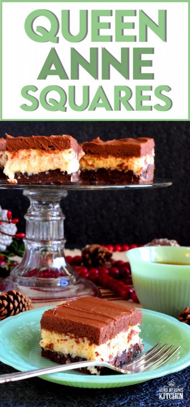 A triple layer square which boasts a coconut and chocolate flavour combination, Queen Anne Squares are an extremely popular Christmastime time confection! #christmas #holiday #cookie #squares #queenanne #newfoundland #baking