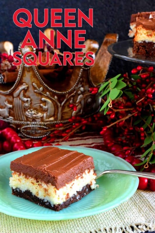 A triple layer square which boasts a coconut and chocolate flavour combination, Queen Anne Squares are an extremely popular Christmastime time confection! #christmas #holiday #cookie #squares #queenanne #newfoundland #baking