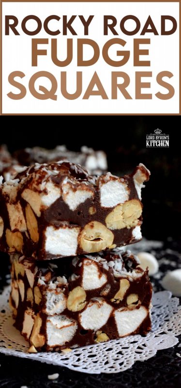 Homemade sweet treats can’t get any easier than a fudge recipe.  Rocky Road Fudge Squares combines traditional Rocky Road ingredients like chocolate, nuts, and marshmallows. These are so delicious when served chilled right from the fridge! #christmas #holiday #nobake #recipes #chocolate #rockyroad