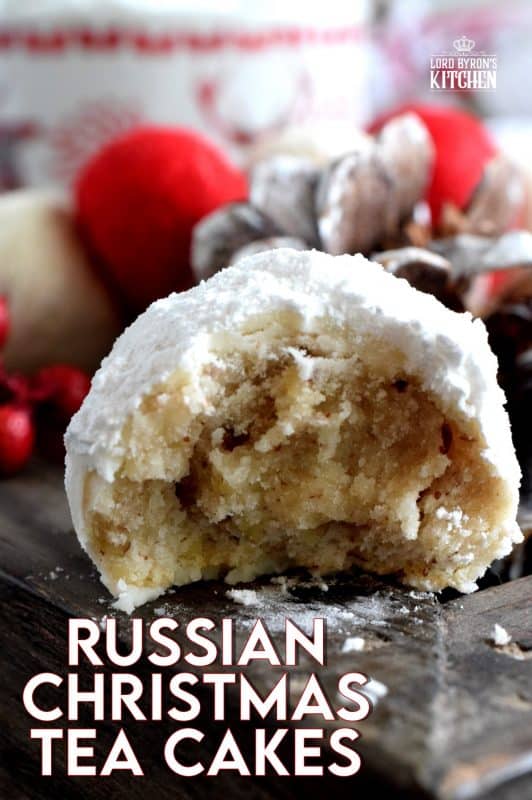 Often prepared and eaten at Christmastime, Russian Christmas Tea Cakes are made from a mixture of nuts and coated twice in powdered sugar. They're messy, so just don't wear a black shirt when eating these and you'll be fine!. #christmas #holiday #baking #russian #teacakes