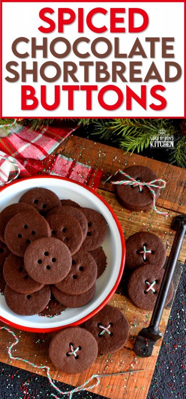 Chocolate that has been spiced with the heat of chilies is a popular confection, which makes these Spiced Chocolate Shortbread Buttons a must have! Punching holes to make buttons in the cookies before baking is cute, but not a must!! #chocolate #shortbread #cookies #Mexican #spicy #spiced #christmas #holiday #baking