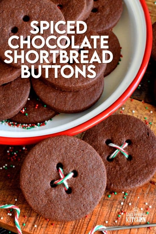 Chocolate that has been spiced with the heat of chilies is a popular confection, which makes these Spiced Chocolate Shortbread Buttons a must have! Punching holes to make buttons in the cookies before baking is cute, but not a must!! #chocolate #shortbread #cookies #Mexican #spicy #spiced #christmas #holiday #baking