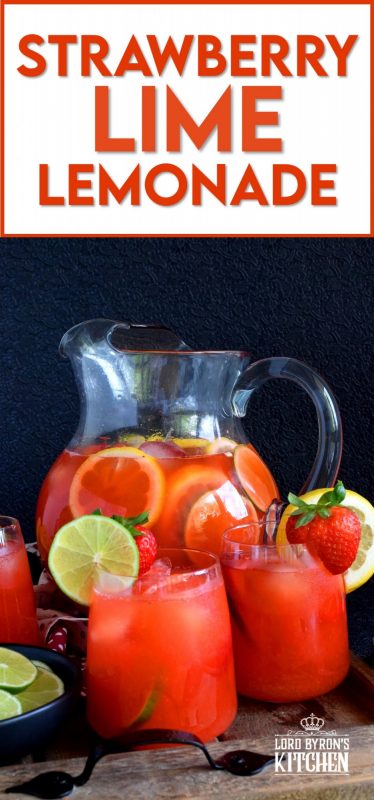 A refreshing summer drink made with simple syrup, whole strawberries, lime and lemon juice. If you're looking to up your lemonade game, this one is for you! #strawberry #lime #limeade #lemonade #juice #summer #drink #punch