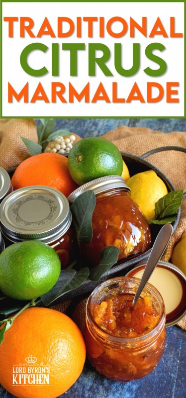 Lime, lemon, grapefruit, and orange combine to make this thick and chunky Traditional Citrus Marmalade. This one is for the serious marmalade enthusiast! #marmalade #citrus #jam #preserves #traditional