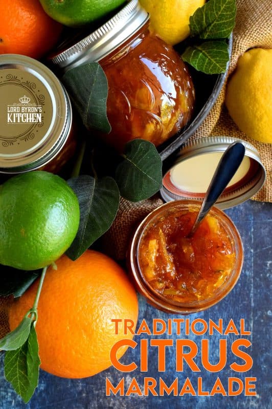Lime, lemon, grapefruit, and orange combine to make this thick and chunky Traditional Citrus Marmalade. This one is for the serious marmalade enthusiast! #marmalade #citrus #jam #preserves #traditional