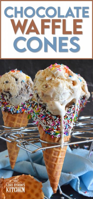 When it comes to serving up a scoop of ice cream at home, nothing beats doing so in one of these Chocolate Waffle Cones. Using store-bought cones, the inside is coated with chocolate which prevents ice cream from dripping out the bottom. Anyone with kids will love this! #wafflecones #icecream #cones #sprinkles 
