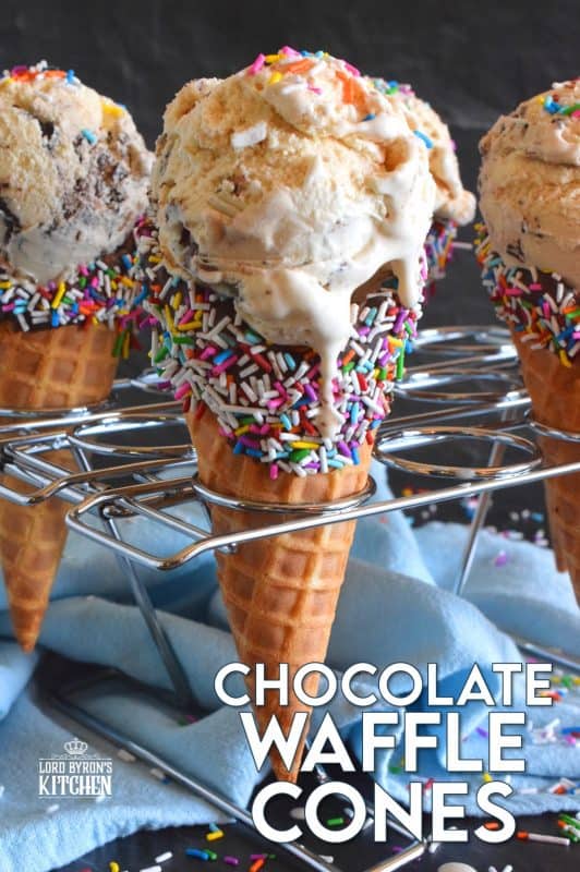 When it comes to serving up a scoop of ice cream at home, nothing beats doing so in one of these Chocolate Waffle Cones. Using store-bought cones, the inside is coated with chocolate which prevents ice cream from dripping out the bottom. Anyone with kids will love this! #wafflecones #icecream #cones #sprinkles 