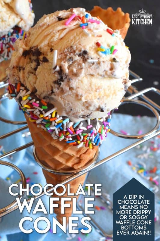 When it comes to serving up a scoop of ice cream at home, nothing beats doing so in one of these Chocolate Waffle Cones. Using store-bought cones, the inside is coated with chocolate which prevents ice cream from dripping out the bottom. Anyone with kids will love this! #wafflecones #icecream #cones #sprinkles 