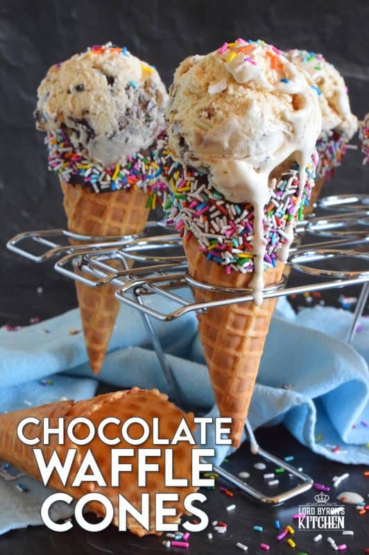When it comes to serving up a scoop of ice cream at home, nothing beats doing so in one of these Chocolate Waffle Cones. Using store-bought cones, the inside is coated with chocolate which prevents ice cream from dripping out the bottom. Anyone with kids will love this! #wafflecones #icecream #cones #sprinkles 