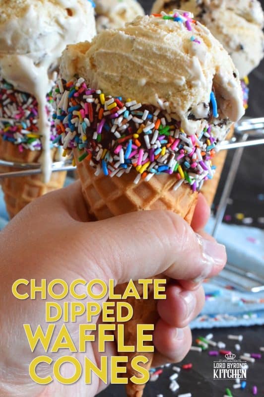When it comes to serving up a scoop of ice cream at home, nothing beats doing so in one of these Chocolate Waffle Cones. Using store-bought cones, the inside is coated with chocolate which prevents ice cream from dripping out the bottom. Anyone with kids will love this! #wafflecones #icecream #cones #sprinkles 