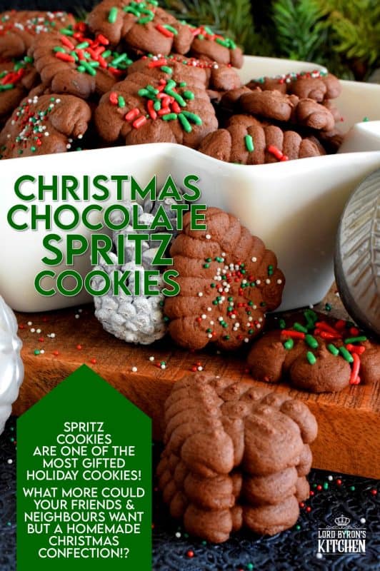 When it comes to baking with the purpose of gift giving, a Christmas Chocolate Spritz Cookie is the best way to go, especially if they have sprinkles! Everyone loves spritz cookies; they're so easy to make and one batch makes a lot of cookies! #spritz #cookies #press #holiday #christmas #chocolate #baking