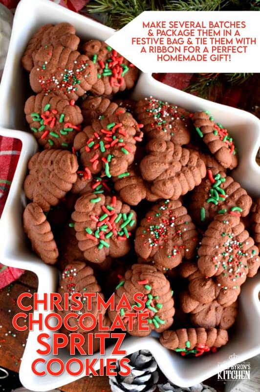 When it comes to baking with the purpose of gift giving, a Christmas Chocolate Spritz Cookie is the best way to go, especially if they have sprinkles! Everyone loves spritz cookies; they're so easy to make and one batch makes a lot of cookies! #spritz #cookies #press #holiday #christmas #chocolate #baking