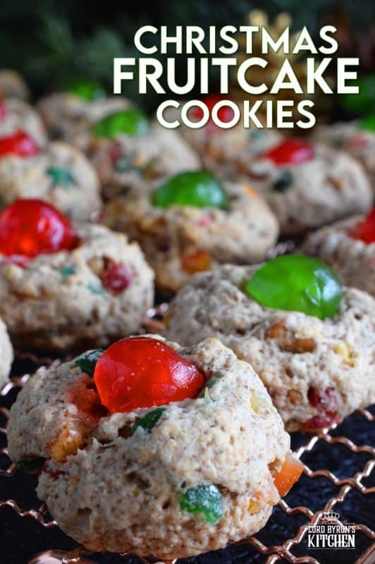 These festive cookies are a great way to pack the flavour and texture of a Christmas fruitcake into a beautiful holiday cookie! Loaded with candied fruit and walnuts, these cookies are almost an exact replica of the most common Christmas confection of all time! #fruitcake #cookies #christmas #holiday #baking