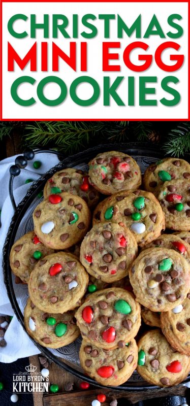 This recipe upgrades classic chocolate chip cookies with Christmas-themed mini eggs - festive, delicious, and addictive too! These cookies are for the serious chocolate lover, because these are loaded to the max with milk chocolate goodness! #cadbury #hershey #eggies #minieggs #christmas #holiday #baking