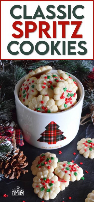 Simple and rustic is the way to go with these super buttery and tender Classic Spritz Cookies. A melt in your mouth cookie with festive sprinkles for fun and folly! These are the quintessential Christmas cookie!! #classic #spritz #cookies #christmas #holiday #baking #spritzer #press #sprinkles