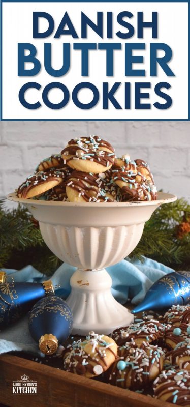 Melt in your mouth Danish Butter Cookies taste just like those cookies in the blue tin at your grandma's house. These are drizzled with milk chocolate, because everything at Christmastime should be over the top! #danish #butter #cookies #christmas #holiday #baking #dansk