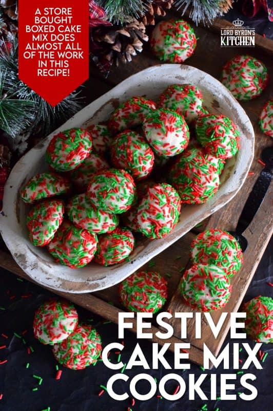 A store-bought boxed cake mix does all of the work in these Festive Cake Mix Cookies. Add in eggs, vanilla, oil, and sprinkles for a fun, kid-friendly Christmas cookie! #cakemix #cookies #christmas #holiday #festive #baking #sprinkles