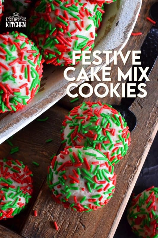 A store-bought boxed cake mix does all of the work in these Festive Cake Mix Cookies. Add in eggs, vanilla, oil, and sprinkles for a fun, kid-friendly Christmas cookie! #cakemix #cookies #christmas #holiday #festive #baking #sprinkles
