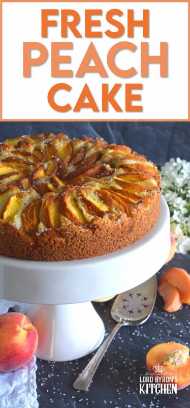 Fresh Peach Cake comes together very quickly, and is a perfectly rustic dessert with very little effort. The addition of the vanilla paste elevates the flavour and pairs so well with the peaches. No decorating needed here! Just add a big scoop of vanilla ice cream and you're all set! #cake #peach #peaches #fruitcake #dessert #easydessert